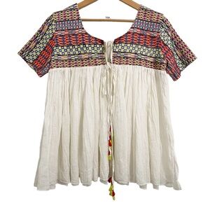 GOA Boho Embroidered Beaded Tassel Neck Crinkle Flowy Top NWT Size Small